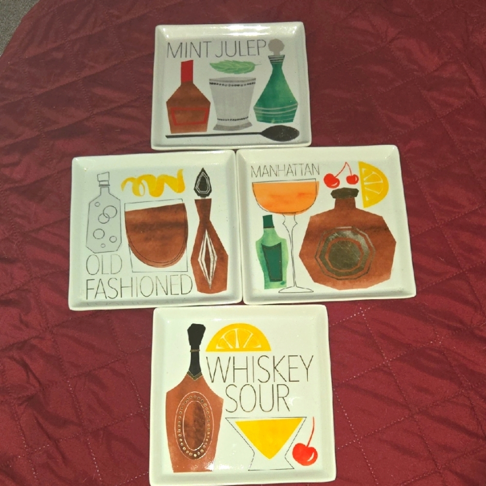 Crate&Barrel Cocktail Recipe Square Themed Ceramic Set (4)